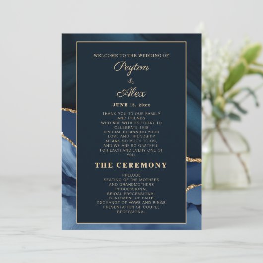 Bridal van het Navy Blue Marmer Wedding Programme Programmakaart (Staand voorkant)