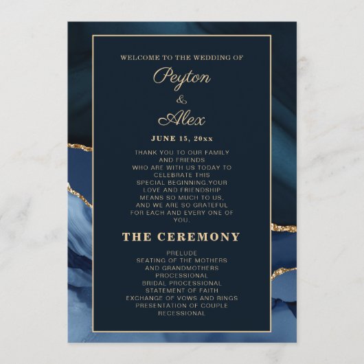 Bridal van het Navy Blue Marmer Wedding Programme Programmakaart (Voorkant)