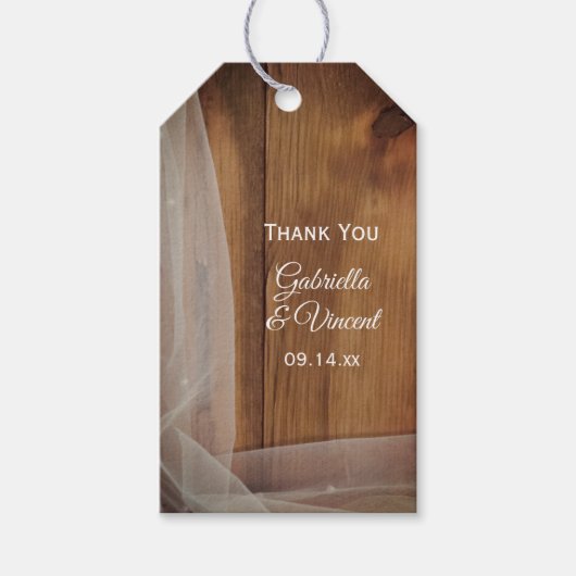 Bridal Veil Barn Wood country Weddenschap Favor Ta Cadeaulabel (Voorkant)