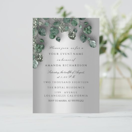 Bridal Weddi Glitter SmokyGray Eucalyptus Greenery Kaart (Staand voorkant)