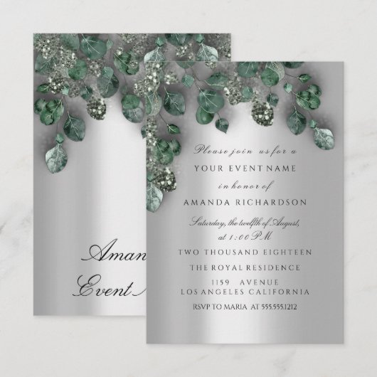 Bridal Weddi Glitter SmokyGray Eucalyptus Greenery Kaart (Voorkant / Achterkant)