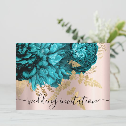 Bridal Wedding Blauwgroen Blue Gold Roos Peony Kaart (Staand voorkant)