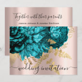 Bridal Wedding Blauwgroen Blue Gold Roos Peony Kaart (Voorkant / Achterkant)