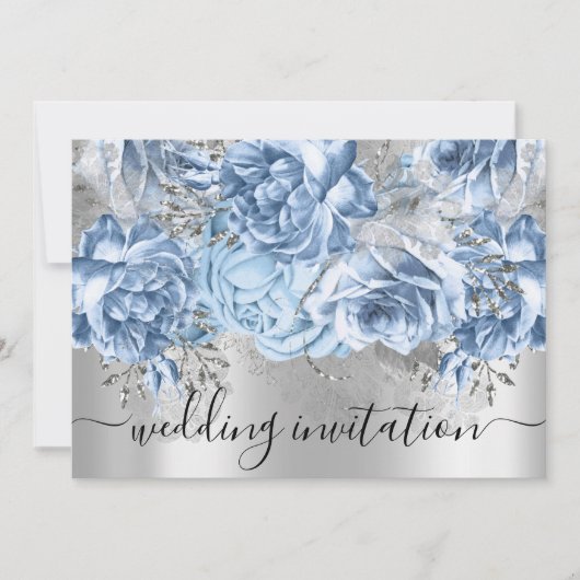 Bridal Wedding Blue Silver Grey Rozen Floral Kaart (Voorkant)