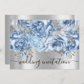Bridal Wedding Blue Silver Grey Rozen Floral Kaart (Voorkant / Achterkant)