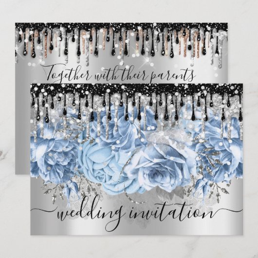 Bridal Wedding Glitter Drift Blue Silver Grey Kaart (Voorkant / Achterkant)
