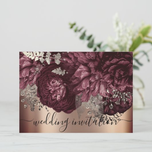 Bridal Wedding Roos Burgundy Marsala Floral Kaart (Staand voorkant)