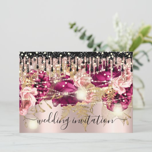 Bridal Wedding Roos Drip Pink Marsala Roos Lichten Kaart (Staand voorkant)