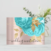 Bridal Wedding Royal Blue Aqua Gold Rozen Kaart (Staand voorkant)