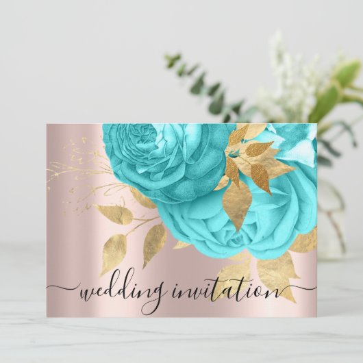 Bridal Wedding Royal Blue Aqua Gold Rozen Kaart (Staand voorkant)