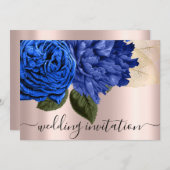 Bridal Wedding Royal Blue Gold Rozen Flowers Kaart (Voorkant / Achterkant)