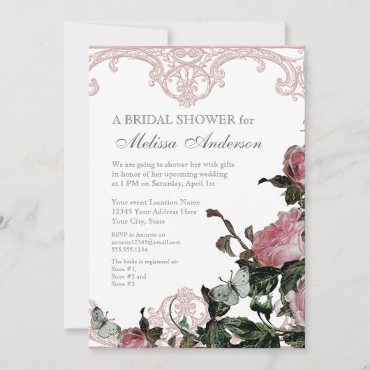 Bridal Wedding Shower Invite, Trellis Roos  Kaart (Voorkant)