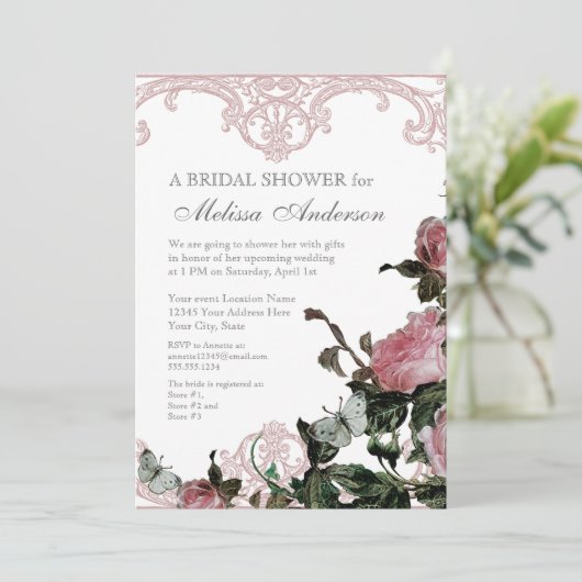 Bridal Wedding Shower Invite, Trellis Roos  Kaart (Staand voorkant)