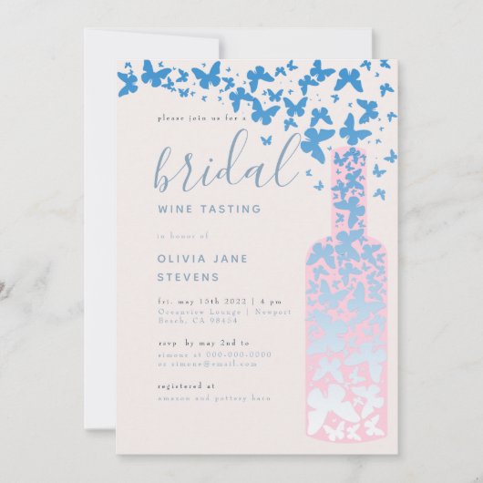 Bridal Wine Party Dusty Blue Pink Butterflies Boho Kaart (Voorkant)