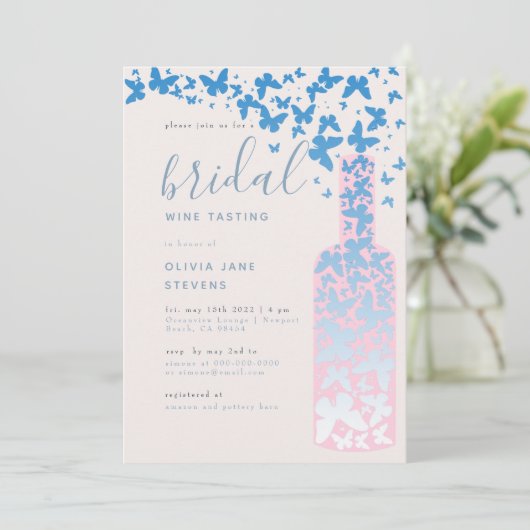 Bridal Wine Party Dusty Blue Pink Butterflies Boho Kaart (Staand voorkant)