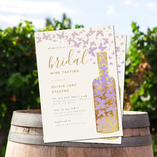 Bridal Wine Tasting Gold Lila Butterflies Boho Kaart