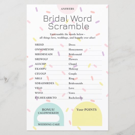Bridal Word Scramble Antwoordsleutel (Voorkant)