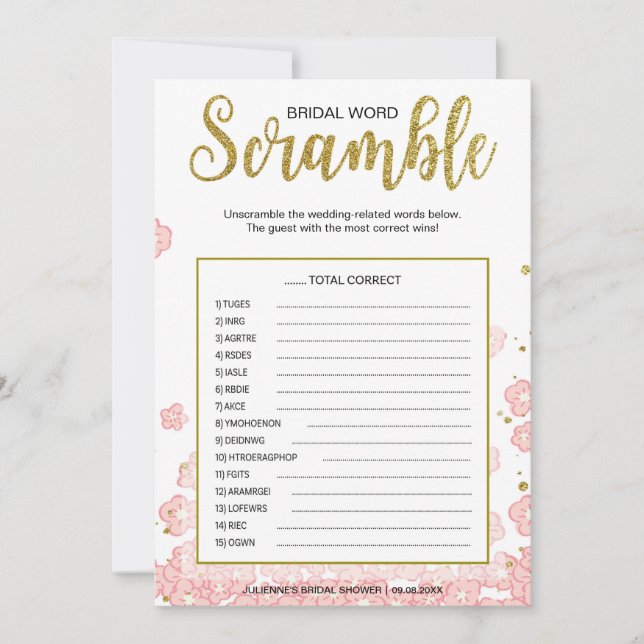 Bridal Word Scramble Game | Roze en goudglitter (Voorkant)