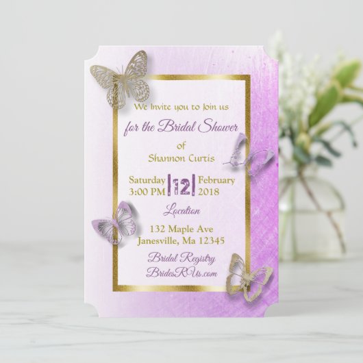 Bridale uitnodigingen voor lavendel en goudvlinder (Staand voorkant)