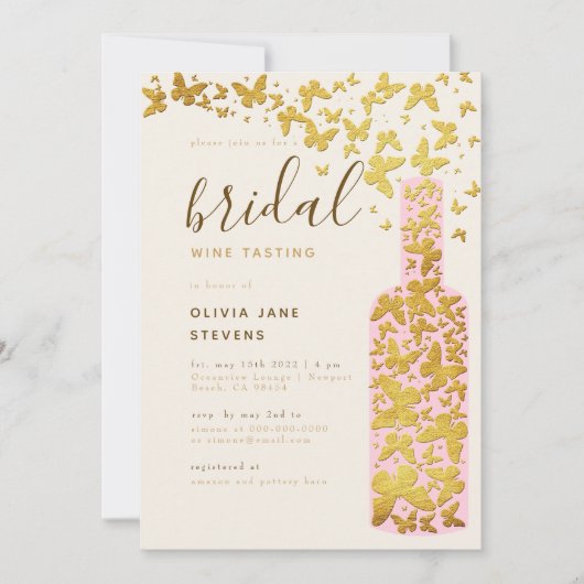 Bridale wijn Roze flesje goudvlinders Kaart (Voorkant)