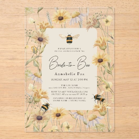 Bride aan Bee Chamomile & Daisies Vrijgezellenfees Acryl Uitnodigingen (Voorkant)