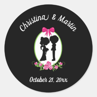 Bride and Groom Silhouettes with Names Ronde Sticker