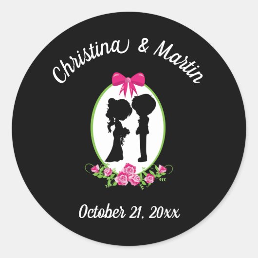 Bride and Groom Silhouettes with Names Ronde Sticker (Voorkant)