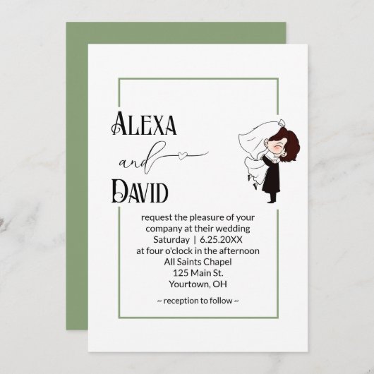 Bride and Groom with Sage Green Border Kaart (Voorkant / Achterkant)