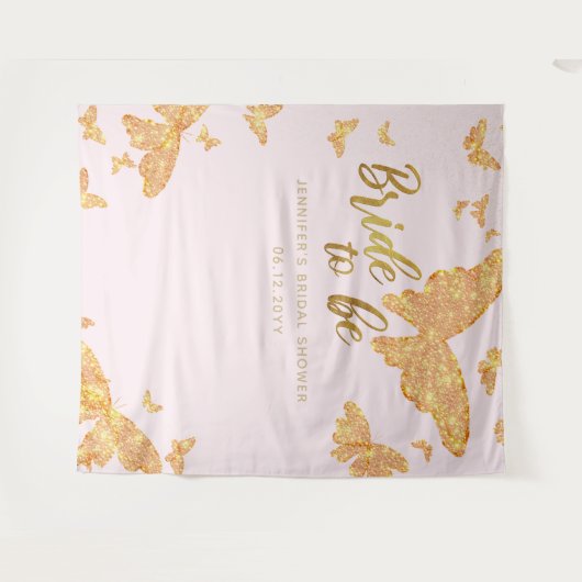 Bride Be Boho Gold Butterfly roze bridale achtergr Wandkleed (Voorkant (horizontaal))