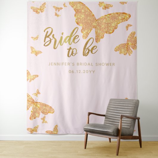 Bride Be Boho Gold Butterfly roze bridale achtergr Wandkleed (In situ)