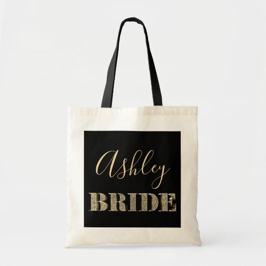 Bride Black en Gold Glitter Typography Chic Name Tote Bag (Voorkant)