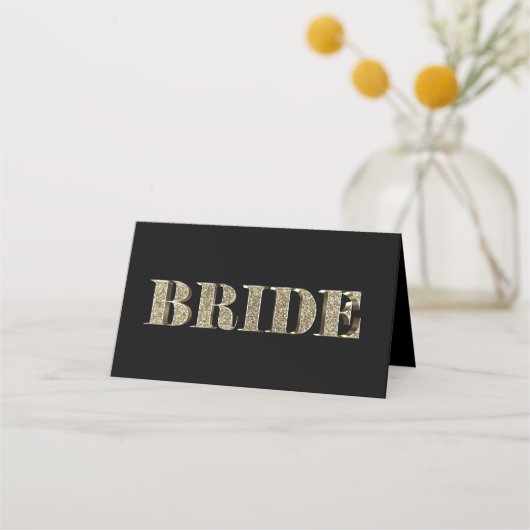 Bride Black en Gold Golden Glitter Typografie Plaatskaartje (Voorkant)