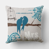 Bride Blauwgroen Damask KissingTortelduifjes Birdc Kussen (Achterkant)