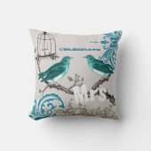 Bride Blauwgroen Damask Love Bird Birdcage Kussen (Voorkant)