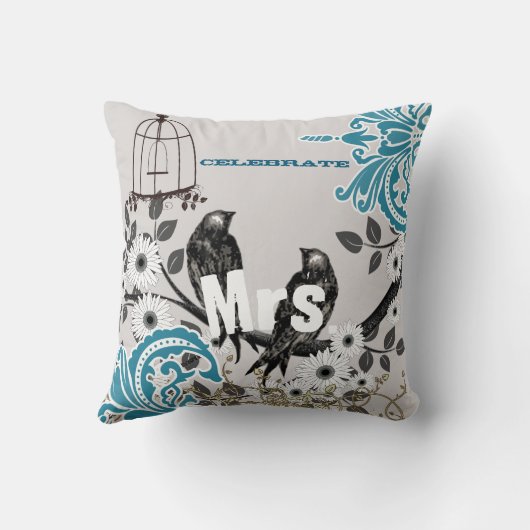 Bride Blauwgroen Damask Love Bird Birdcage Kussen (Achterkant)