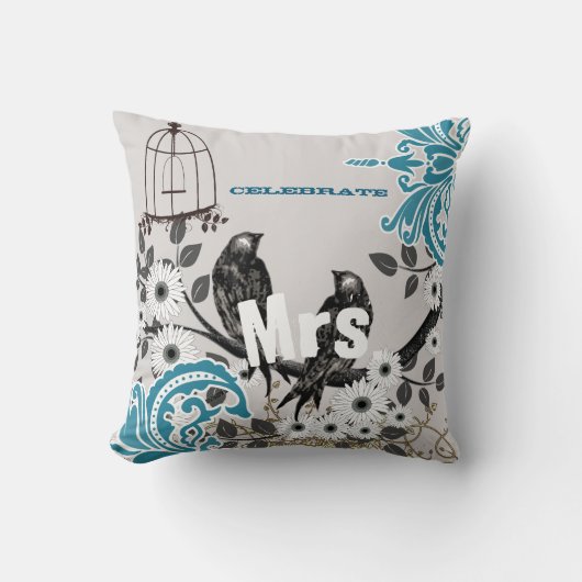 Bride Blauwgroen Damask Love Bird Birdcage Kussen (Voorkant)