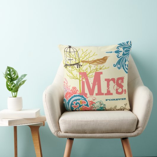 Bride Blauwgroen Damask Love Bird Mrs Forever Kussen (Stoel)