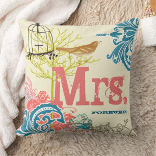Bride Blauwgroen Damask Love Bird Mrs Forever Kussen