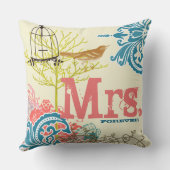 Bride Blauwgroen Damask Love Bird Mrs Forever Kussen (Achterkant)