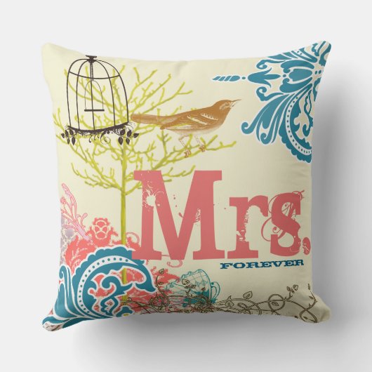 Bride Blauwgroen Damask Love Bird Mrs Forever Kussen (Achterkant)