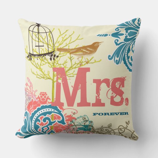 Bride Blauwgroen Damask Love Bird Mrs Forever Kussen (Voorkant)