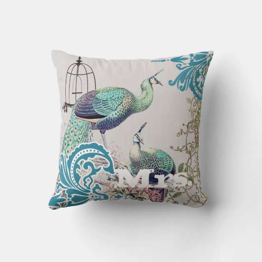 Bride Blauwgroen Damask Peacock Birdcage Vines Kussen (Achterkant)