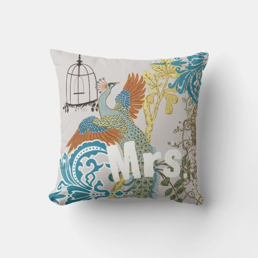 Bride  Blauwgroen Damask Peacock Birdcage Vines Kussen (Voorkant)