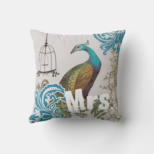 Bride  Blauwgroen Damask Peacock Birdcage Vines Kussen (Achterkant)