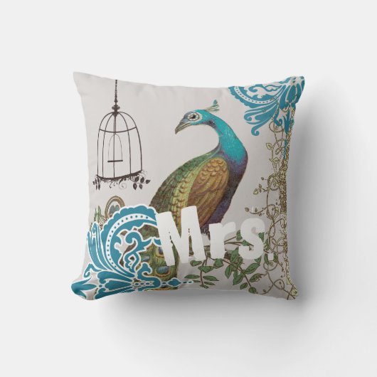 Bride  Blauwgroen Damask Peacock Birdcage Vines Kussen (Voorkant)