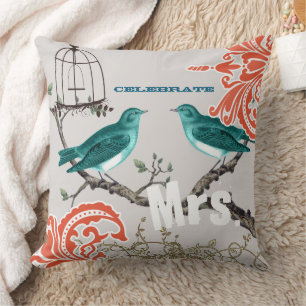 Bride Blauwgroen en Tangerine Damask Love Bird Bir Kussen