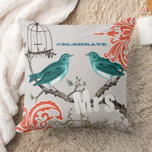 Bride Blauwgroen en Tangerine Damask Love Bird Bir Kussen (Deken)