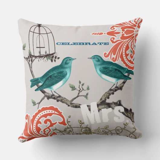 Bride Blauwgroen en Tangerine Damask Love Bird Bir Kussen (Achterkant)