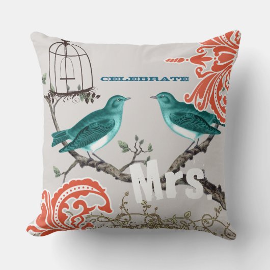 Bride Blauwgroen en Tangerine Damask Love Bird Bir Kussen (Voorkant)
