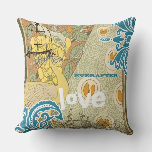 Bride Blauwgroen geel koraal en olijfpeacock Birdc Kussen (Voorkant)